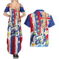 Hawaiian Sea Turtles and Plumeria Couples Matching Summer Maxi Dress and Hawaiian Shirt with Lei and Flag Grunge Style