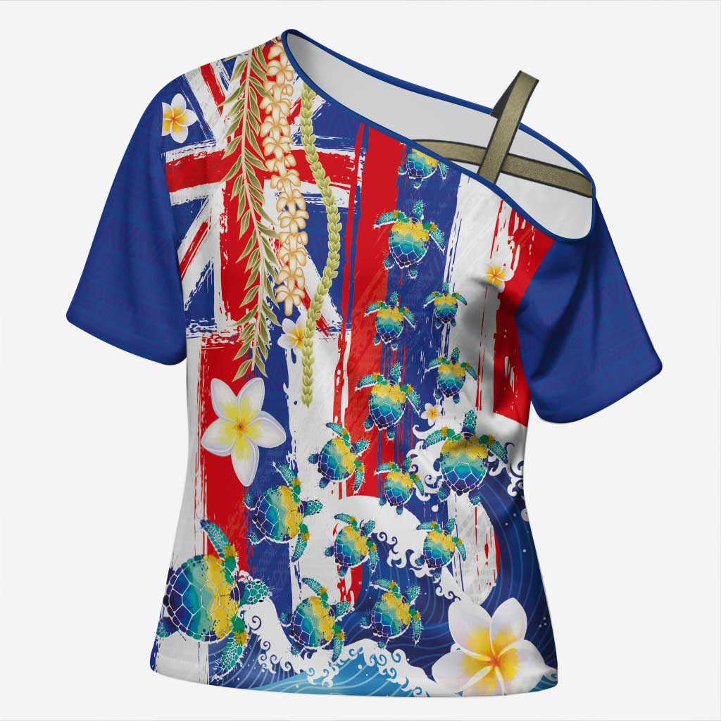 Hawaiian Sea Turtles and Plumeria Cross Shoulder Shirt with Lei and Flag Grunge Style LT03 Female Multicolor - Polynesian Pride