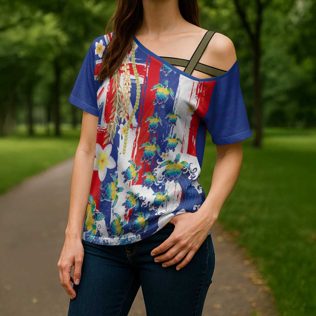 Hawaiian Sea Turtles and Plumeria Cross Shoulder Shirt with Lei and Flag Grunge Style LT03 - Polynesian Pride