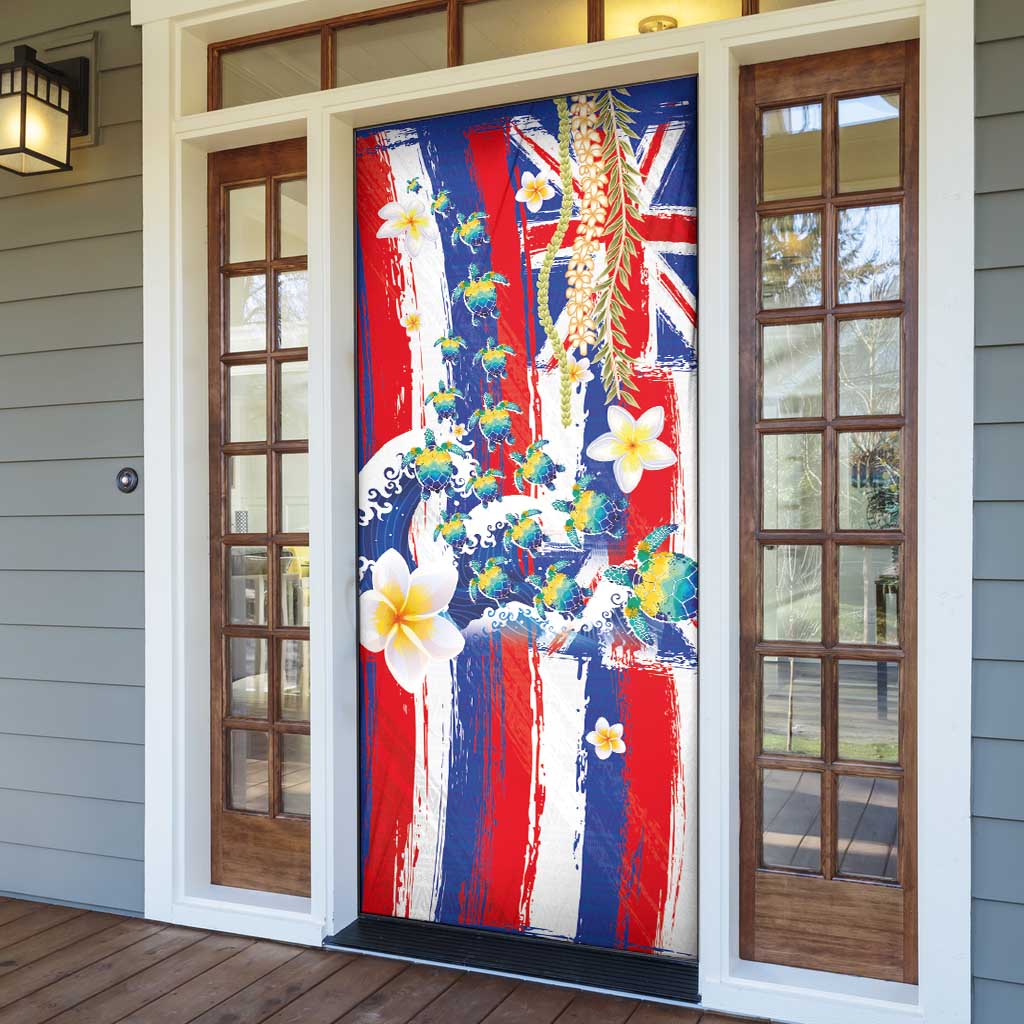 Hawaiian Sea Turtles and Plumeria Door Cover with Lei and Flag Grunge Style LT03 - Polynesian Pride
