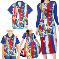 Hawaiian Sea Turtles and Plumeria Family Matching Long Sleeve Bodycon Dress and Hawaiian Shirt with Lei and Flag Grunge Style