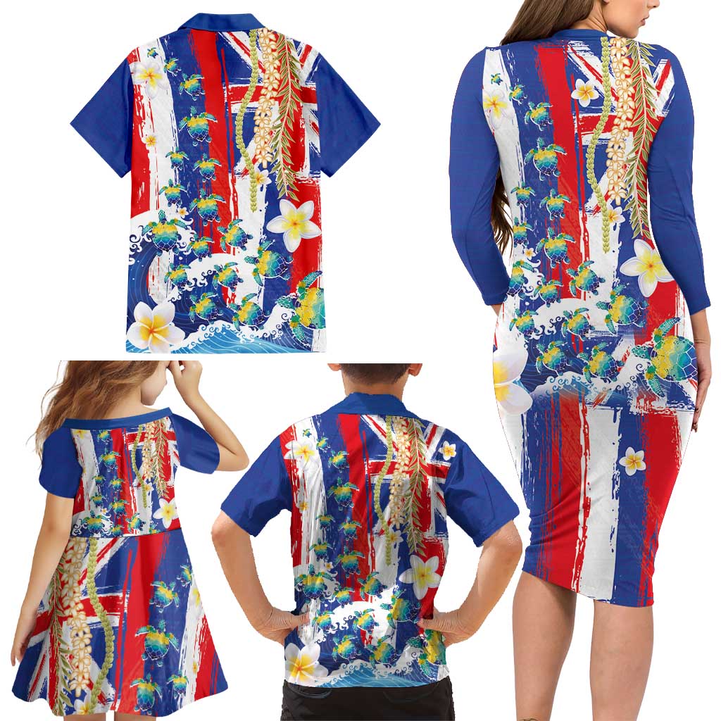 Hawaiian Sea Turtles and Plumeria Family Matching Long Sleeve Bodycon Dress and Hawaiian Shirt with Lei and Flag Grunge Style