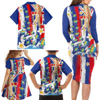 Hawaiian Sea Turtles and Plumeria Family Matching Long Sleeve Bodycon Dress and Hawaiian Shirt with Lei and Flag Grunge Style
