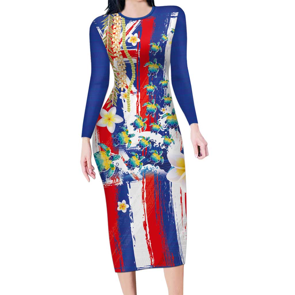 Hawaiian Sea Turtles and Plumeria Family Matching Long Sleeve Bodycon Dress and Hawaiian Shirt with Lei and Flag Grunge Style