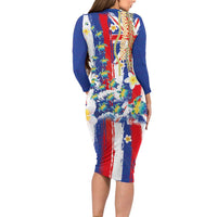 Hawaiian Sea Turtles and Plumeria Family Matching Long Sleeve Bodycon Dress and Hawaiian Shirt with Lei and Flag Grunge Style