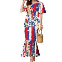 Hawaiian Sea Turtles and Plumeria Family Matching Mermaid Dress and Hawaiian Shirt with Lei and Flag Grunge Style