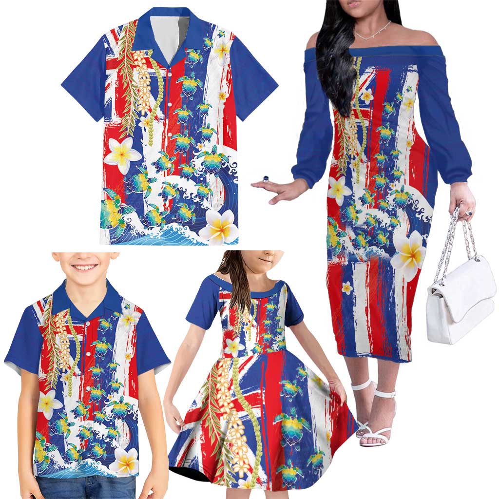 Hawaiian Sea Turtles and Plumeria Family Matching Off The Shoulder Long Sleeve Dress and Hawaiian Shirt with Lei and Flag Grunge Style
