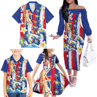 Hawaiian Sea Turtles and Plumeria Family Matching Off The Shoulder Long Sleeve Dress and Hawaiian Shirt with Lei and Flag Grunge Style