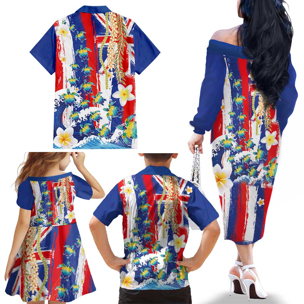 Hawaiian Sea Turtles and Plumeria Family Matching Off The Shoulder Long Sleeve Dress and Hawaiian Shirt with Lei and Flag Grunge Style
