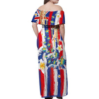 Hawaiian Sea Turtles and Plumeria Family Matching Off Shoulder Maxi Dress and Hawaiian Shirt with Lei and Flag Grunge Style