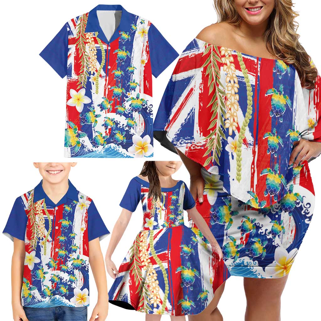 Hawaiian Sea Turtles and Plumeria Family Matching Off Shoulder Short Dress and Hawaiian Shirt with Lei and Flag Grunge Style