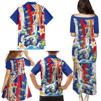 Hawaiian Sea Turtles and Plumeria Family Matching Puletasi and Hawaiian Shirt with Lei and Flag Grunge Style