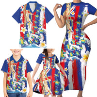 Hawaiian Sea Turtles and Plumeria Family Matching Short Sleeve Bodycon Dress and Hawaiian Shirt with Lei and Flag Grunge Style