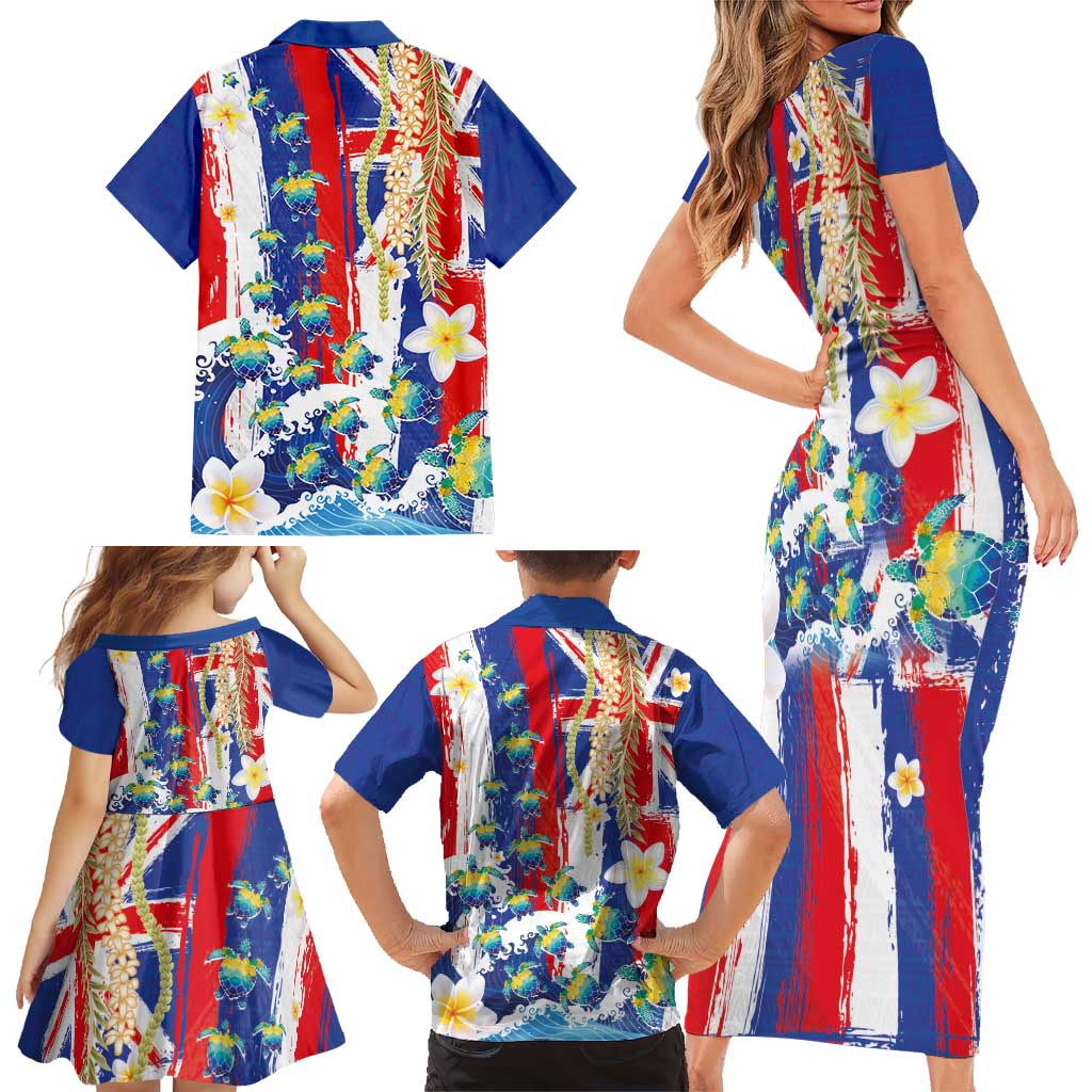 Hawaiian Sea Turtles and Plumeria Family Matching Short Sleeve Bodycon Dress and Hawaiian Shirt with Lei and Flag Grunge Style