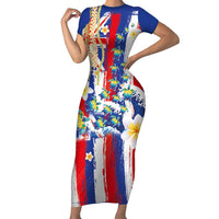 Hawaiian Sea Turtles and Plumeria Family Matching Short Sleeve Bodycon Dress and Hawaiian Shirt with Lei and Flag Grunge Style