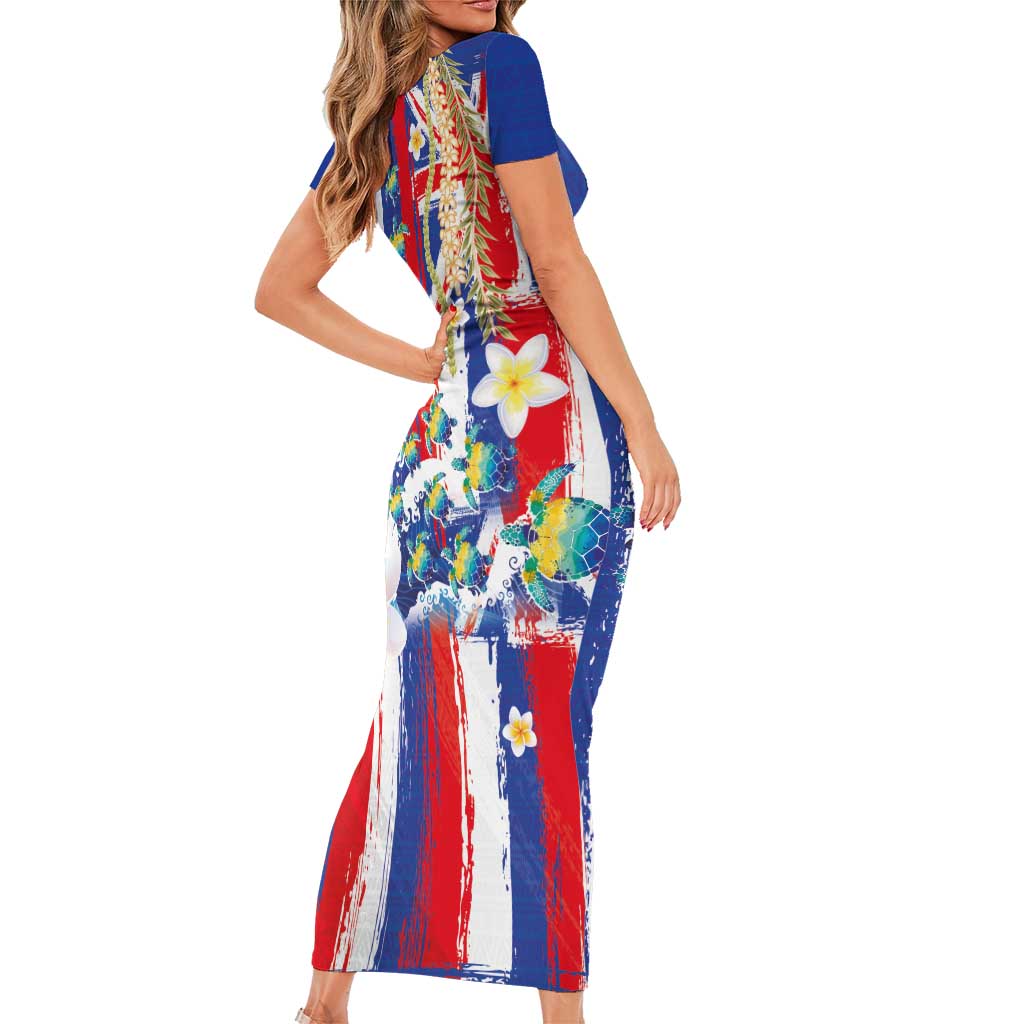 Hawaiian Sea Turtles and Plumeria Family Matching Short Sleeve Bodycon Dress and Hawaiian Shirt with Lei and Flag Grunge Style