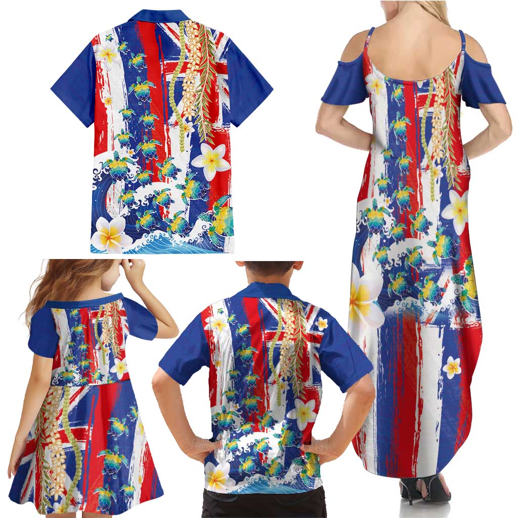 Hawaiian Sea Turtles and Plumeria Family Matching Summer Maxi Dress and Hawaiian Shirt with Lei and Flag Grunge Style