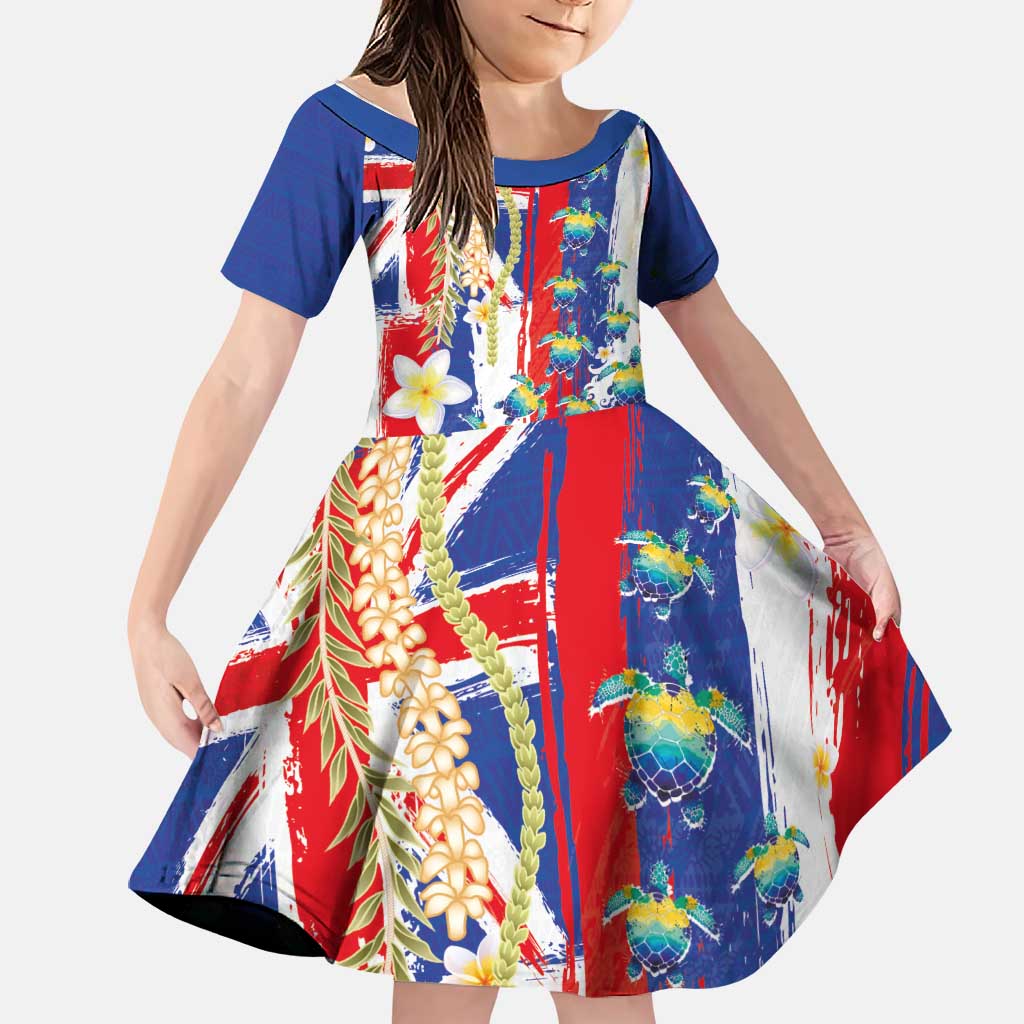 Hawaiian Sea Turtles and Plumeria Family Matching Tank Maxi Dress and Hawaiian Shirt with Lei and Flag Grunge Style LT03 Daughter's Dress Multicolor - Polynesian Pride