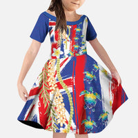 Hawaiian Sea Turtles and Plumeria Family Matching Tank Maxi Dress and Hawaiian Shirt with Lei and Flag Grunge Style LT03 Daughter's Dress Multicolor - Polynesian Pride
