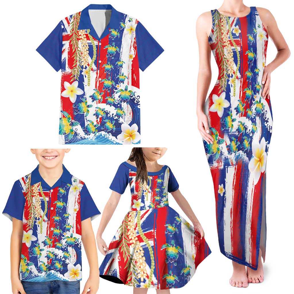 Hawaiian Sea Turtles and Plumeria Family Matching Tank Maxi Dress and Hawaiian Shirt with Lei and Flag Grunge Style LT03 - Polynesian Pride
