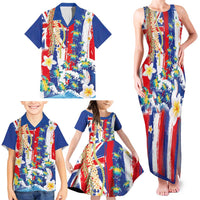Hawaiian Sea Turtles and Plumeria Family Matching Tank Maxi Dress and Hawaiian Shirt with Lei and Flag Grunge Style LT03 - Polynesian Pride