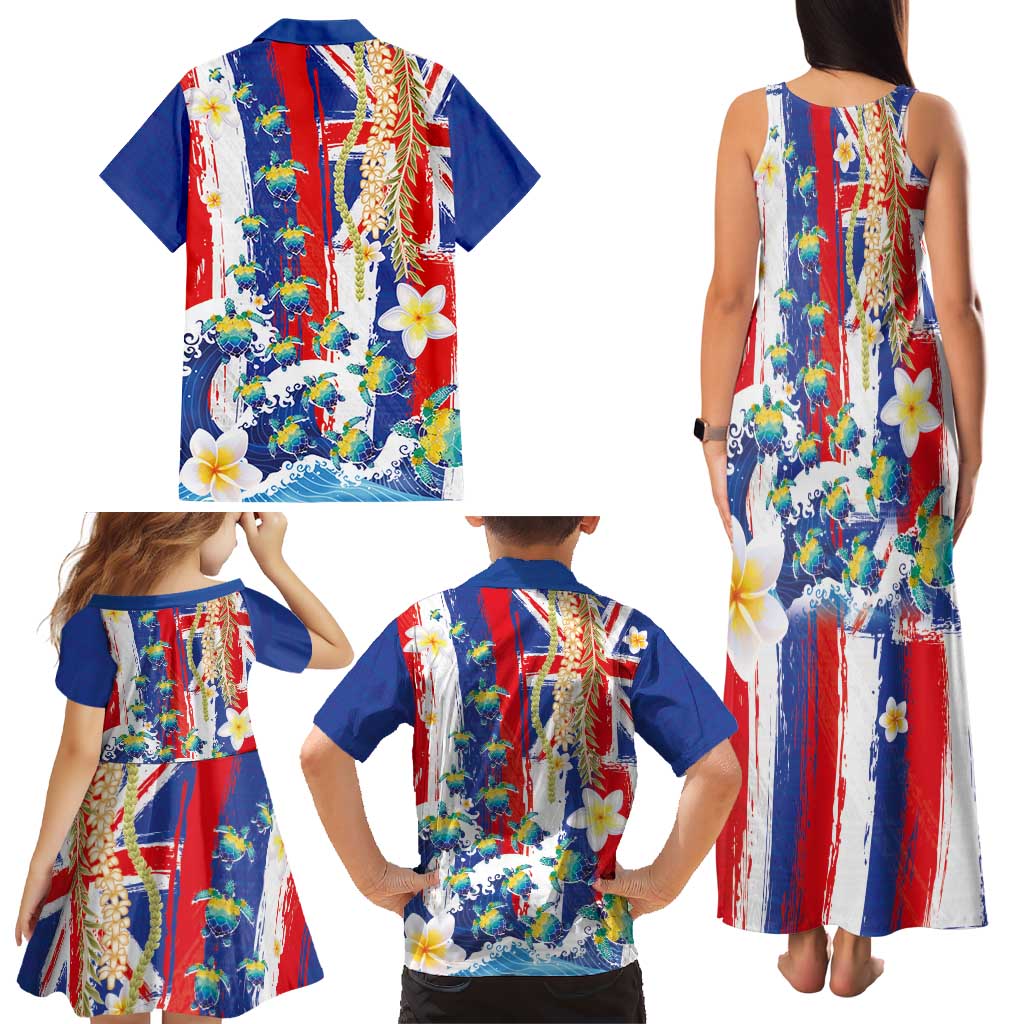 Hawaiian Sea Turtles and Plumeria Family Matching Tank Maxi Dress and Hawaiian Shirt with Lei and Flag Grunge Style LT03 - Polynesian Pride