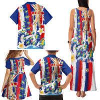 Hawaiian Sea Turtles and Plumeria Family Matching Tank Maxi Dress and Hawaiian Shirt with Lei and Flag Grunge Style LT03 - Polynesian Pride