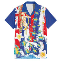 Hawaiian Sea Turtles and Plumeria Family Matching Tank Maxi Dress and Hawaiian Shirt with Lei and Flag Grunge Style LT03 Dad's Shirt - Short Sleeve Multicolor - Polynesian Pride