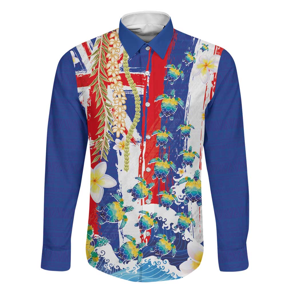 Hawaiian Sea Turtles and Plumeria Family Matching Tank Maxi Dress and Hawaiian Shirt with Lei and Flag Grunge Style LT03 Dad's Shirt - Long Sleeve Multicolor - Polynesian Pride