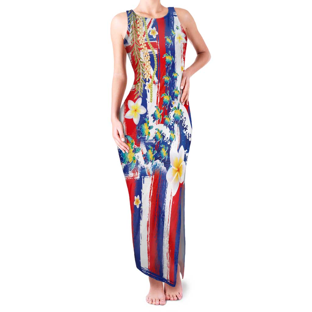 Hawaiian Sea Turtles and Plumeria Family Matching Tank Maxi Dress and Hawaiian Shirt with Lei and Flag Grunge Style LT03 Mom's Dress Multicolor - Polynesian Pride