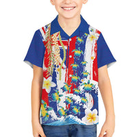 Hawaiian Sea Turtles and Plumeria Family Matching Tank Maxi Dress and Hawaiian Shirt with Lei and Flag Grunge Style LT03 Son's Shirt Multicolor - Polynesian Pride