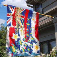 Hawaiian Sea Turtles and Plumeria Garden Flag with Lei and Flag Grunge Style