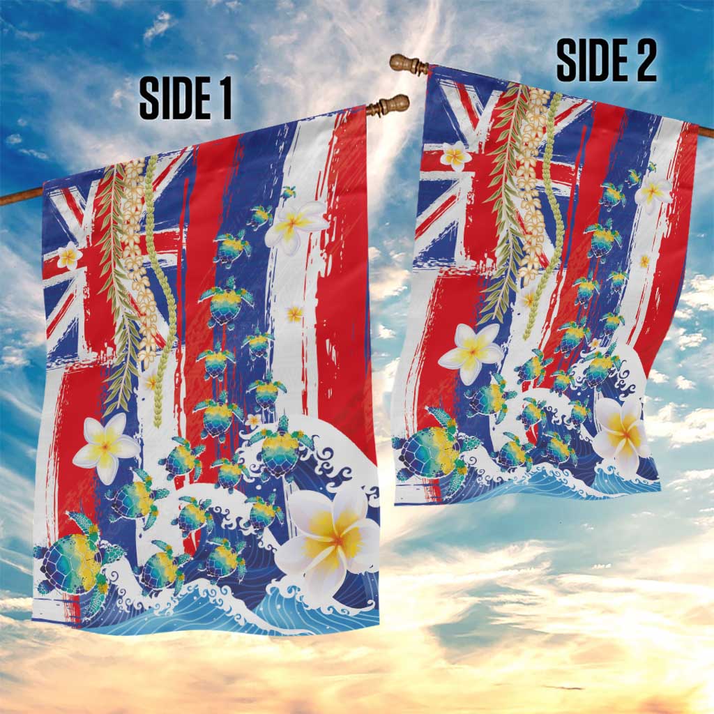 Hawaiian Sea Turtles and Plumeria Garden Flag with Lei and Flag Grunge Style