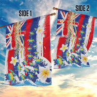 Hawaiian Sea Turtles and Plumeria Garden Flag with Lei and Flag Grunge Style
