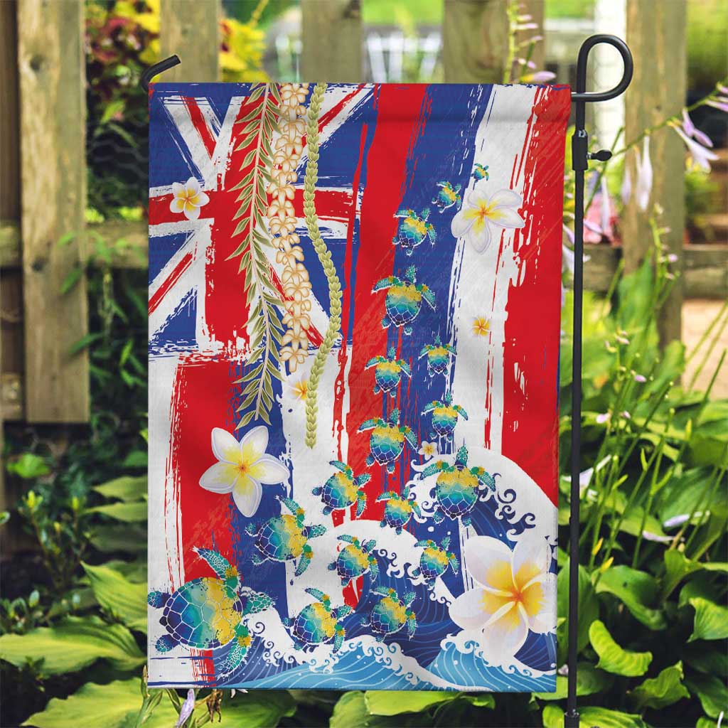 Hawaiian Sea Turtles and Plumeria Garden Flag with Lei and Flag Grunge Style