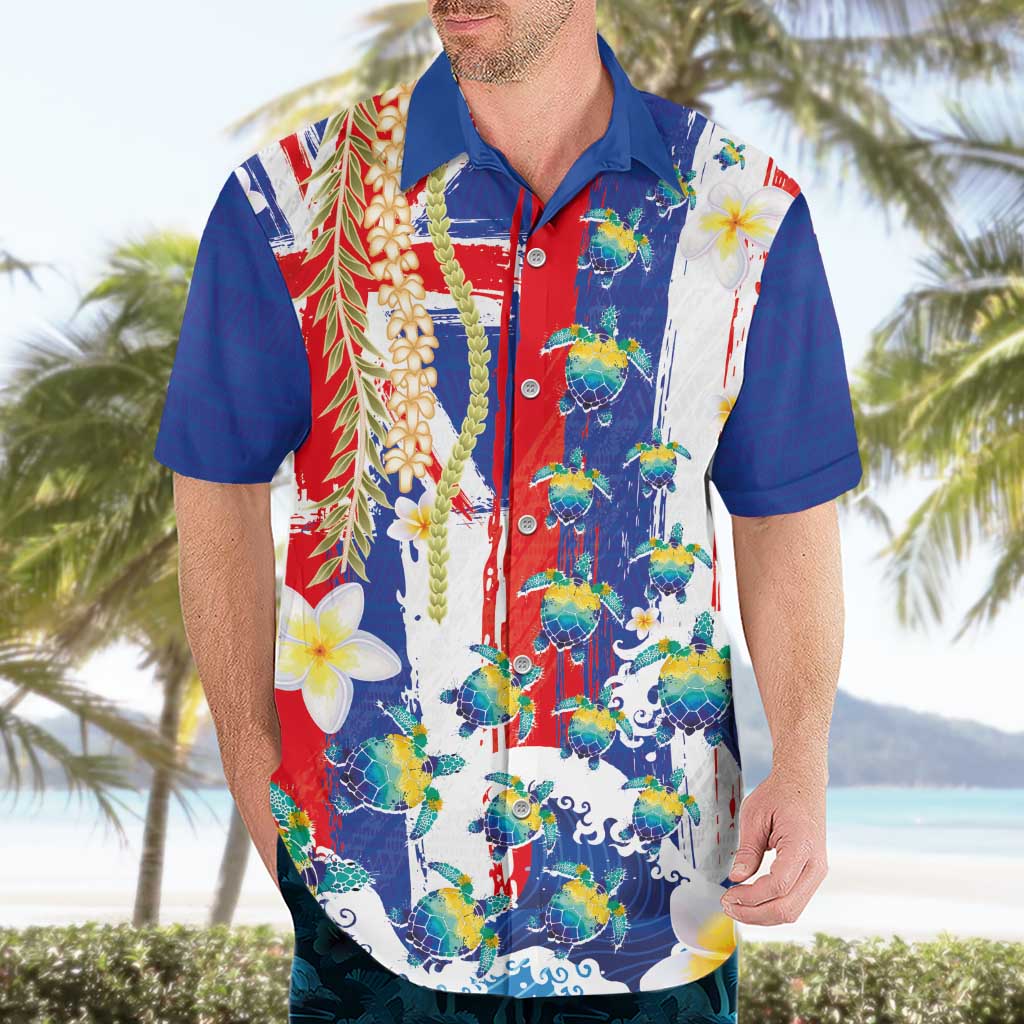 Hawaiian Sea Turtles and Plumeria Hawaiian Shirt with Lei and Flag Grunge Style LT03 - Polynesian Pride
