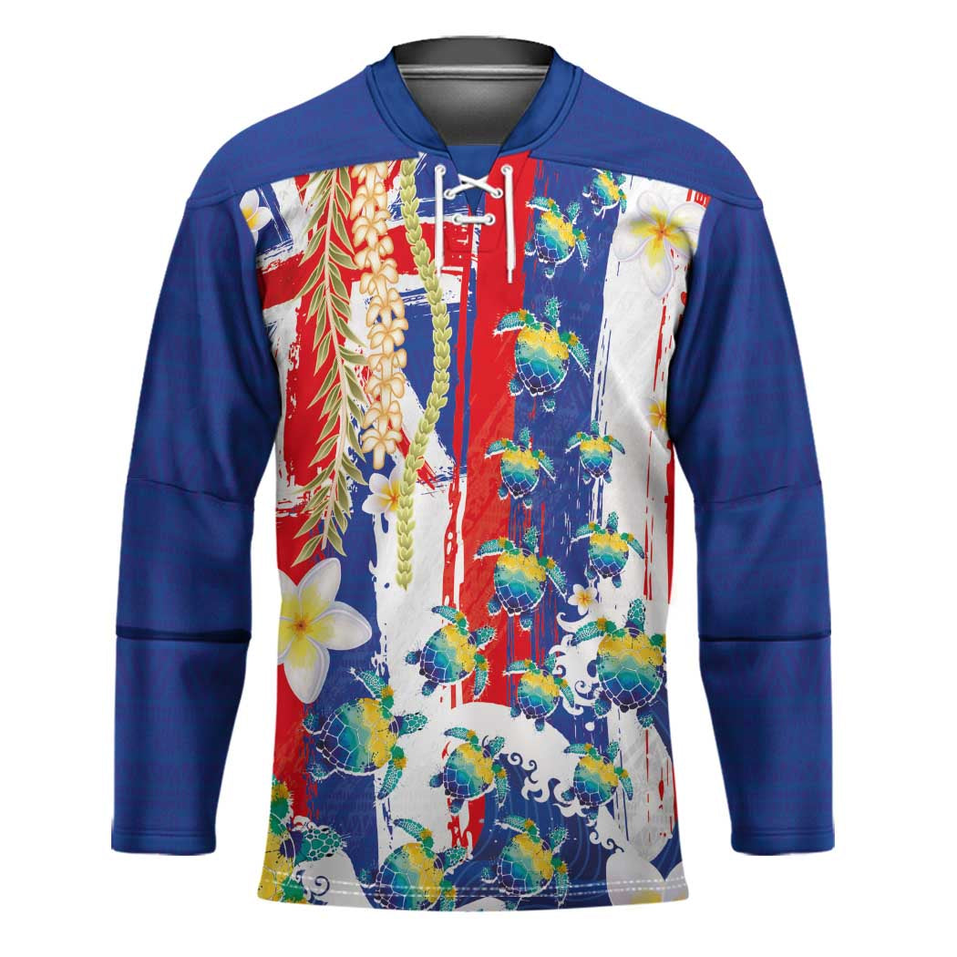 Hawaiian Sea Turtles and Plumeria Hockey Jersey with Lei and Flag Grunge Style LT03 Unisex Multicolor - Polynesian Pride