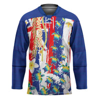 Hawaiian Sea Turtles and Plumeria Hockey Jersey with Lei and Flag Grunge Style LT03 Unisex Multicolor - Polynesian Pride