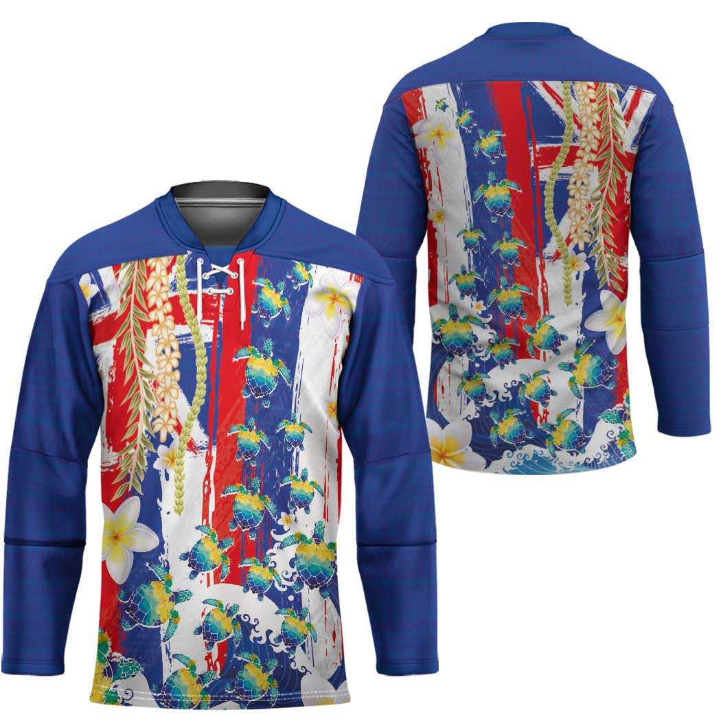 Hawaiian Sea Turtles and Plumeria Hockey Jersey with Lei and Flag Grunge Style LT03 - Polynesian Pride
