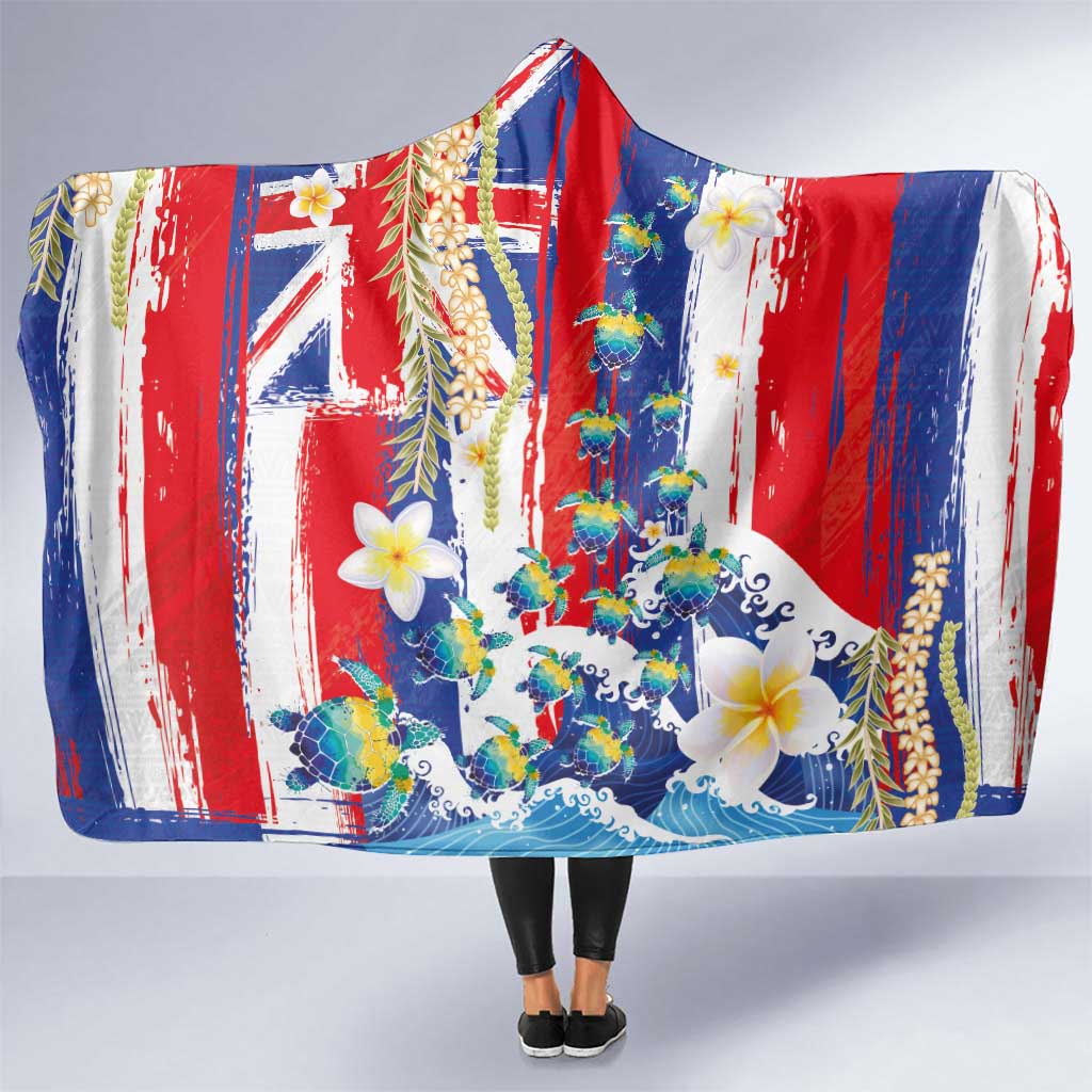 Hawaiian Sea Turtles and Plumeria Hooded Blanket with Lei and Flag Grunge Style