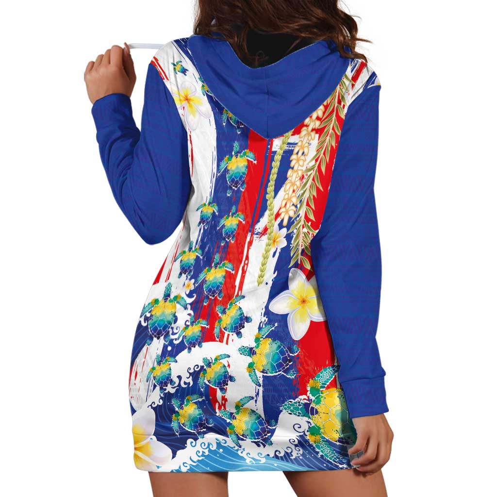 Hawaiian Sea Turtles and Plumeria Hoodie Dress with Lei and Flag Grunge Style