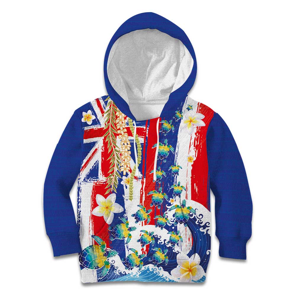 Hawaiian Sea Turtles and Plumeria Kid Hoodie with Lei and Flag Grunge Style LT03 Hoodie Multicolor - Polynesian Pride
