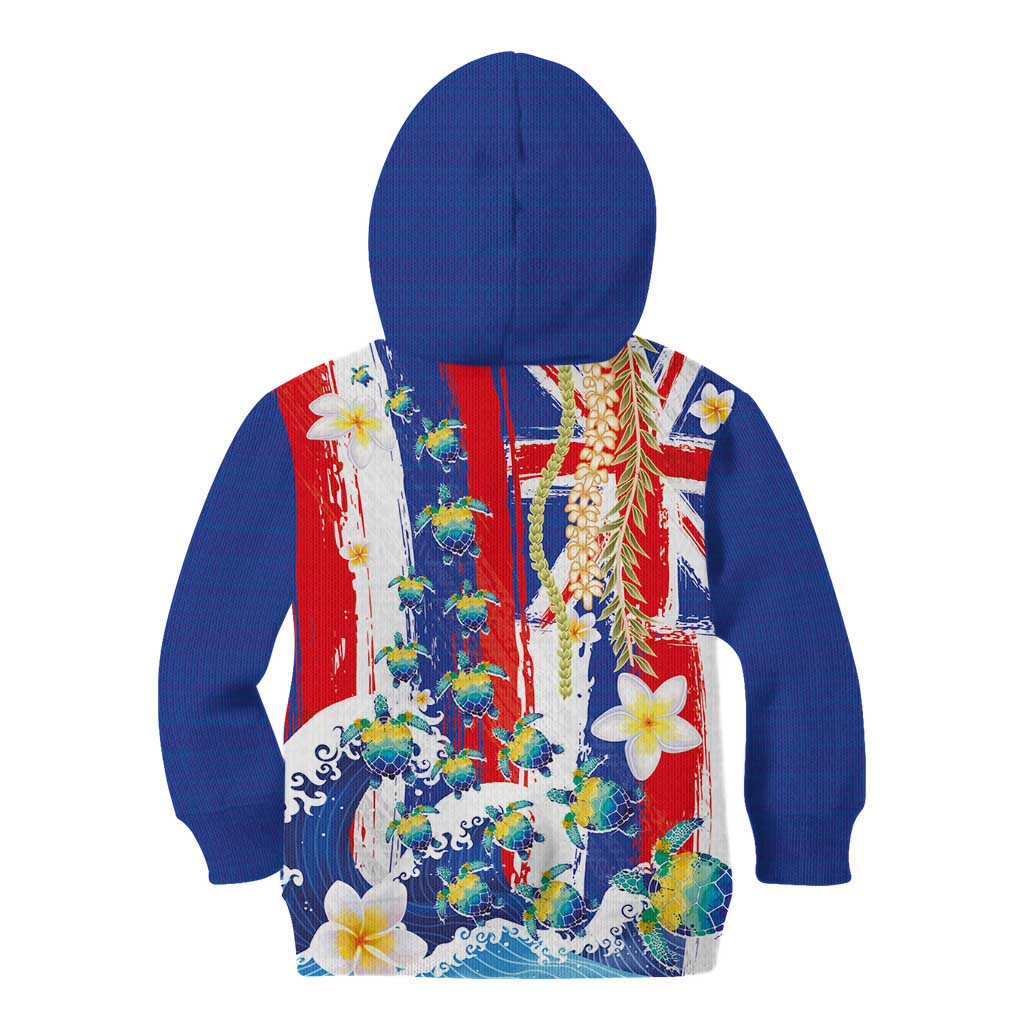 Hawaiian Sea Turtles and Plumeria Kid Hoodie with Lei and Flag Grunge Style LT03 - Polynesian Pride
