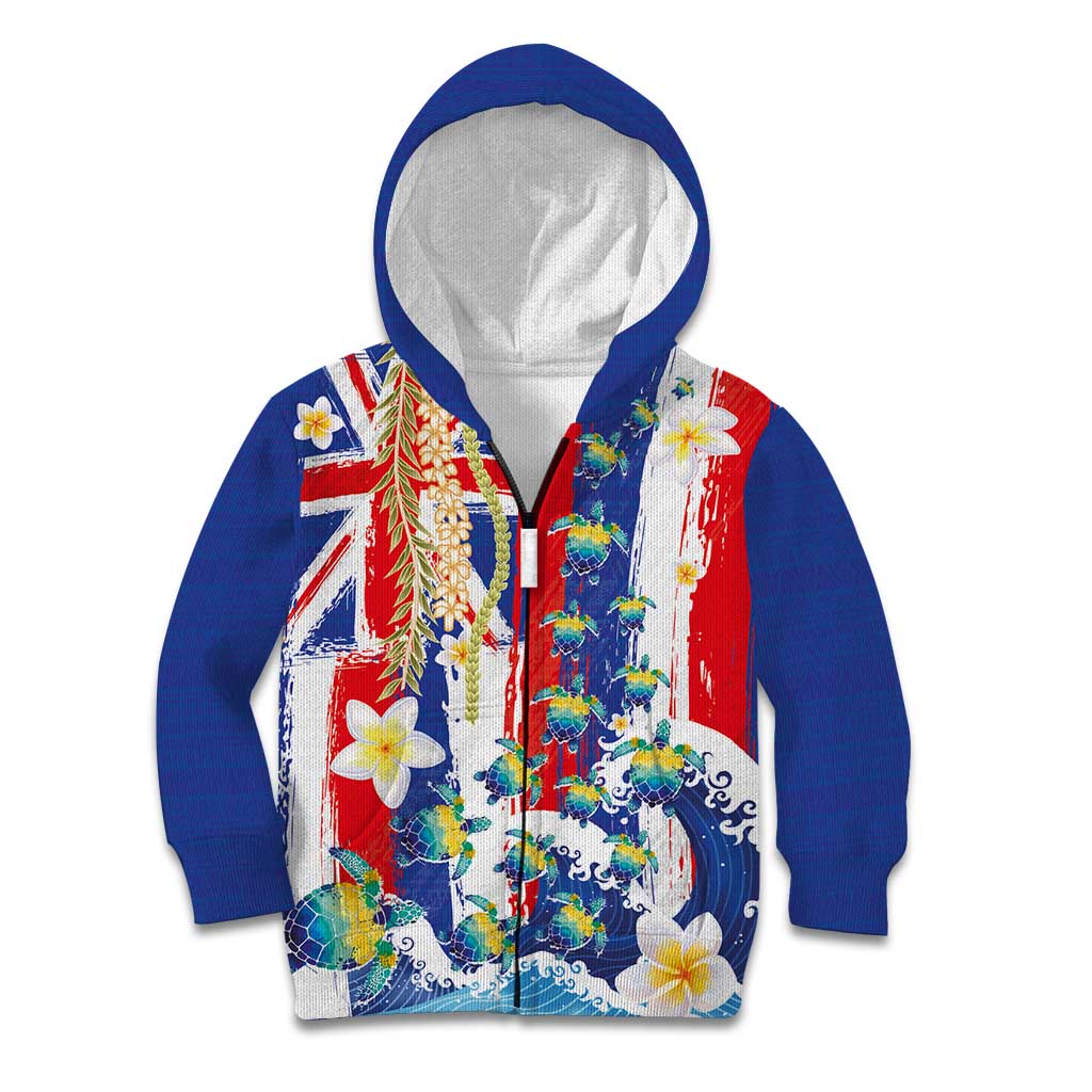 Hawaiian Sea Turtles and Plumeria Kid Hoodie with Lei and Flag Grunge Style LT03 Zip Hoodie Multicolor - Polynesian Pride
