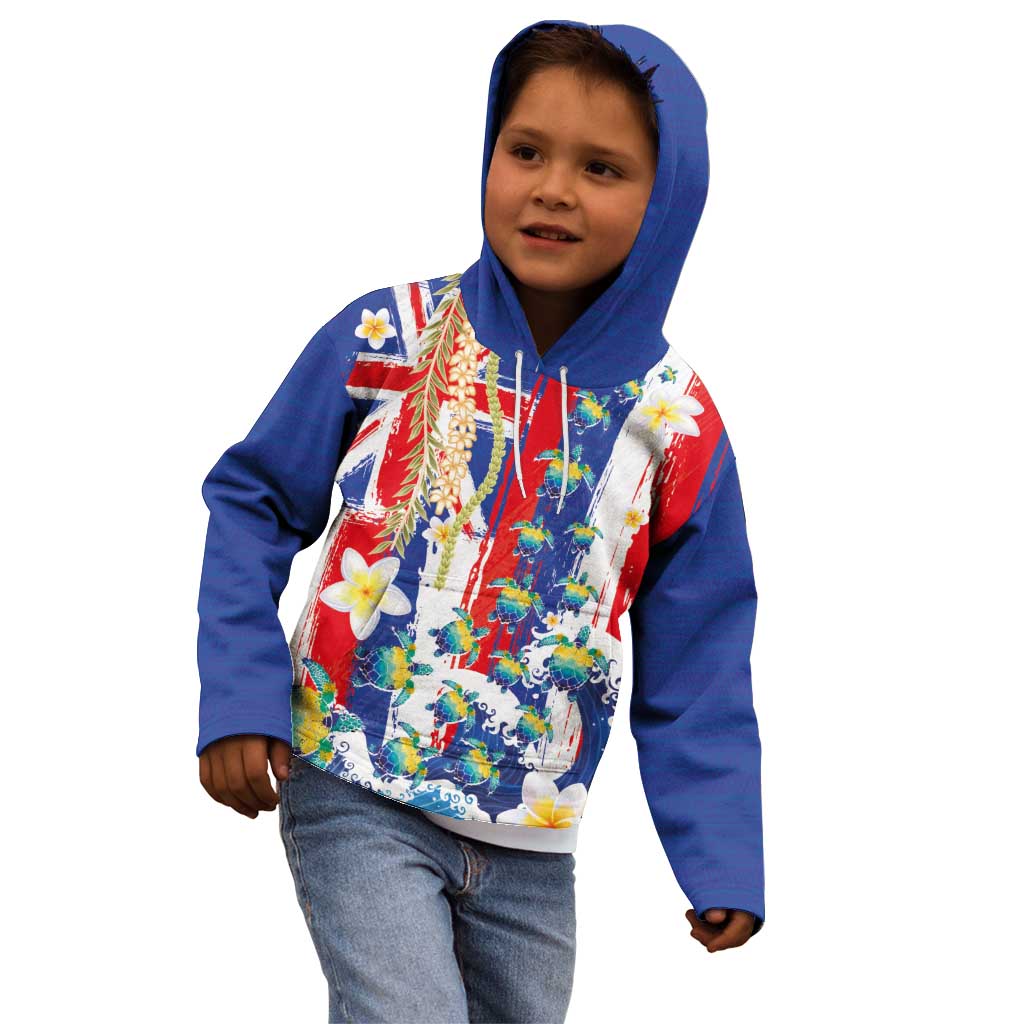 Hawaiian Sea Turtles and Plumeria Kid Hoodie with Lei and Flag Grunge Style LT03 - Polynesian Pride
