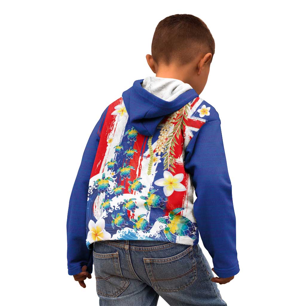 Hawaiian Sea Turtles and Plumeria Kid Hoodie with Lei and Flag Grunge Style LT03 - Polynesian Pride