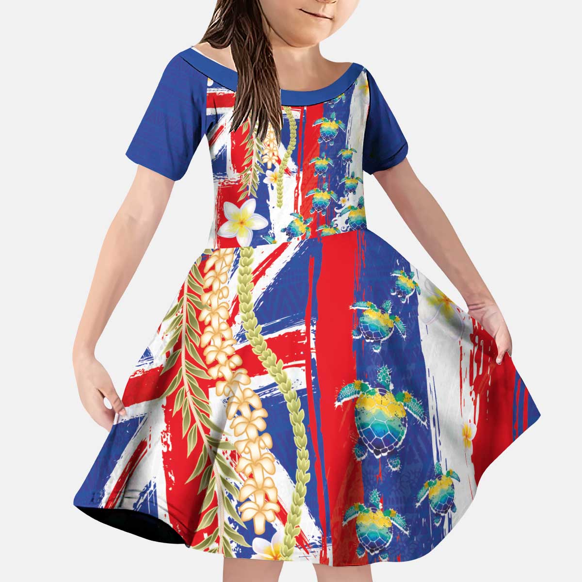 Hawaiian Sea Turtles and Plumeria Kid Short Sleeve Dress with Lei and Flag Grunge Style