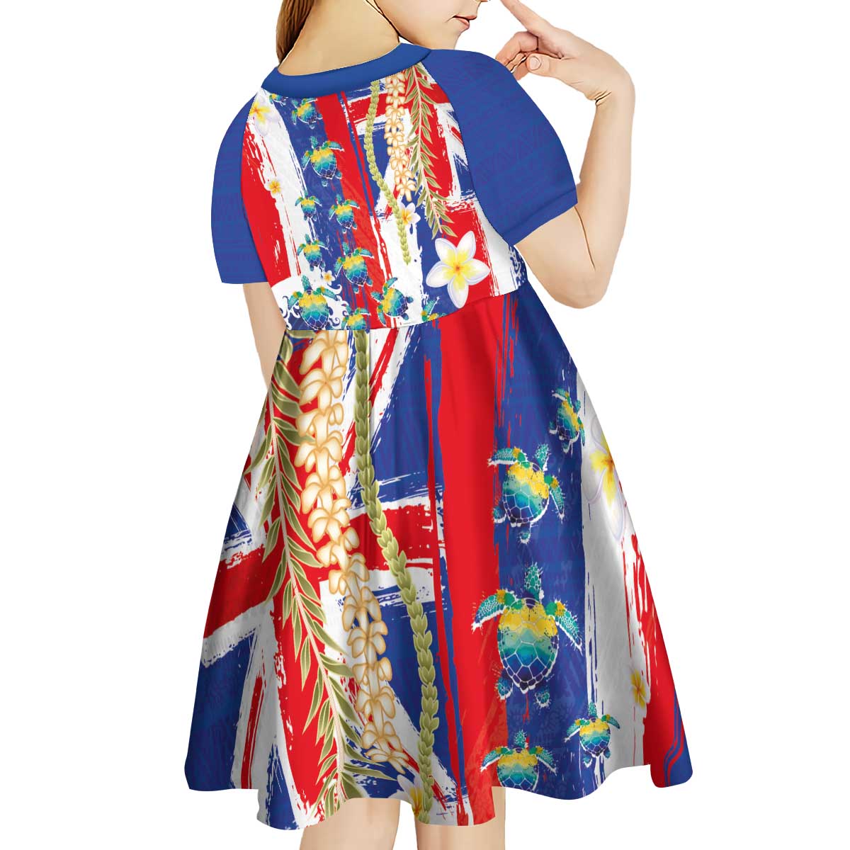 Hawaiian Sea Turtles and Plumeria Kid Short Sleeve Dress with Lei and Flag Grunge Style