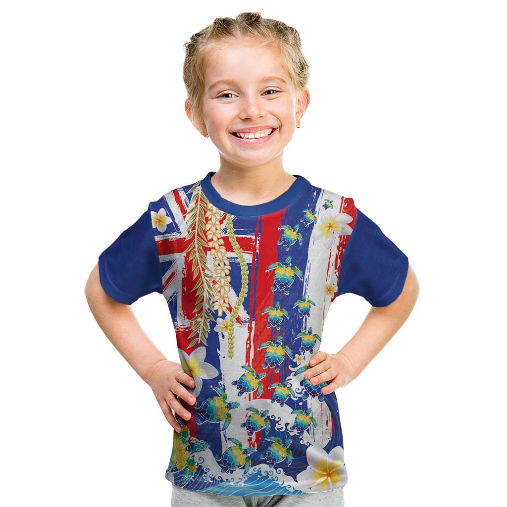 Hawaiian Sea Turtles and Plumeria Kid T Shirt with Lei and Flag Grunge Style