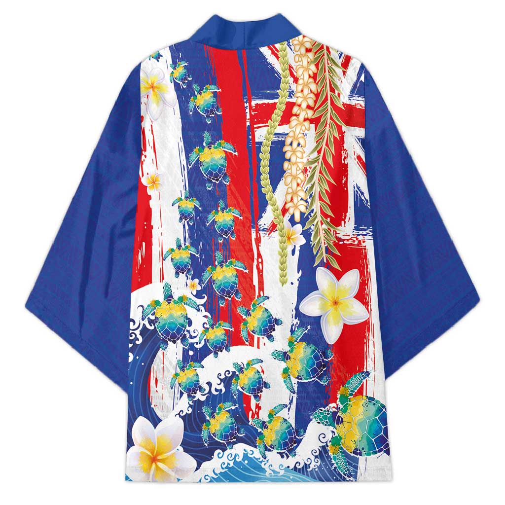 Hawaiian Sea Turtles and Plumeria Kimono with Lei and Flag Grunge Style